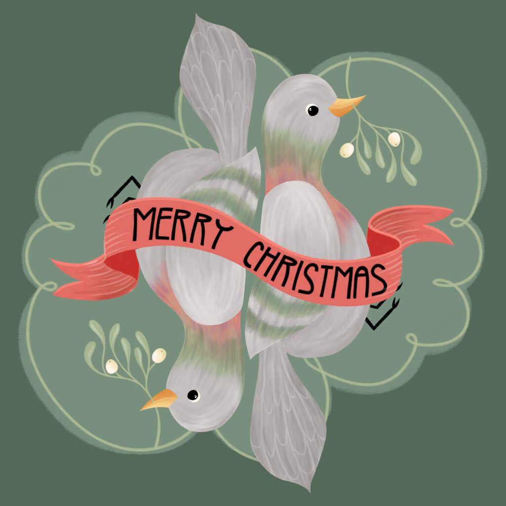 Xmas illustration of two pigeons